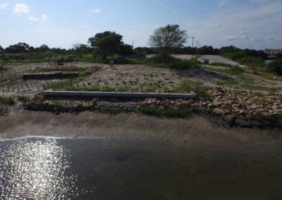 The Shoreline Demonstration Area (from left to right): a retaining wall with oyster bags, a seawall with various improvements, coquina rip-rap.