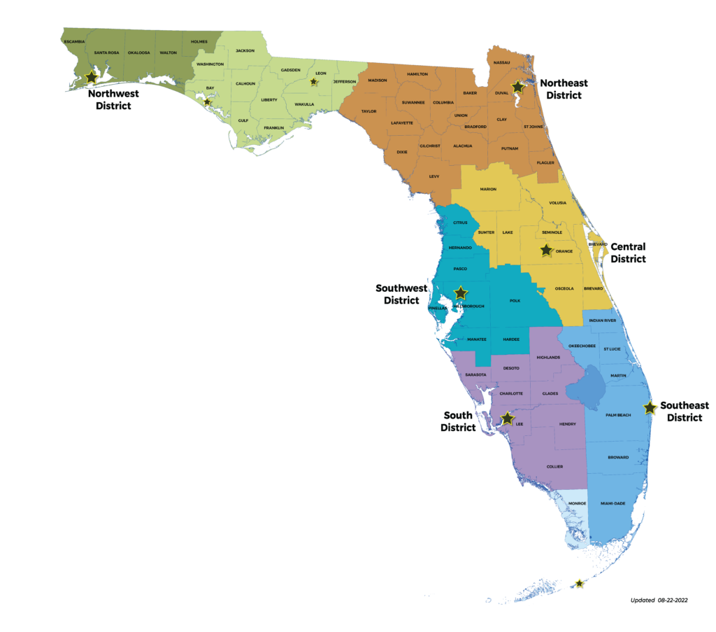 Locations of regional offices for Florida DEP.