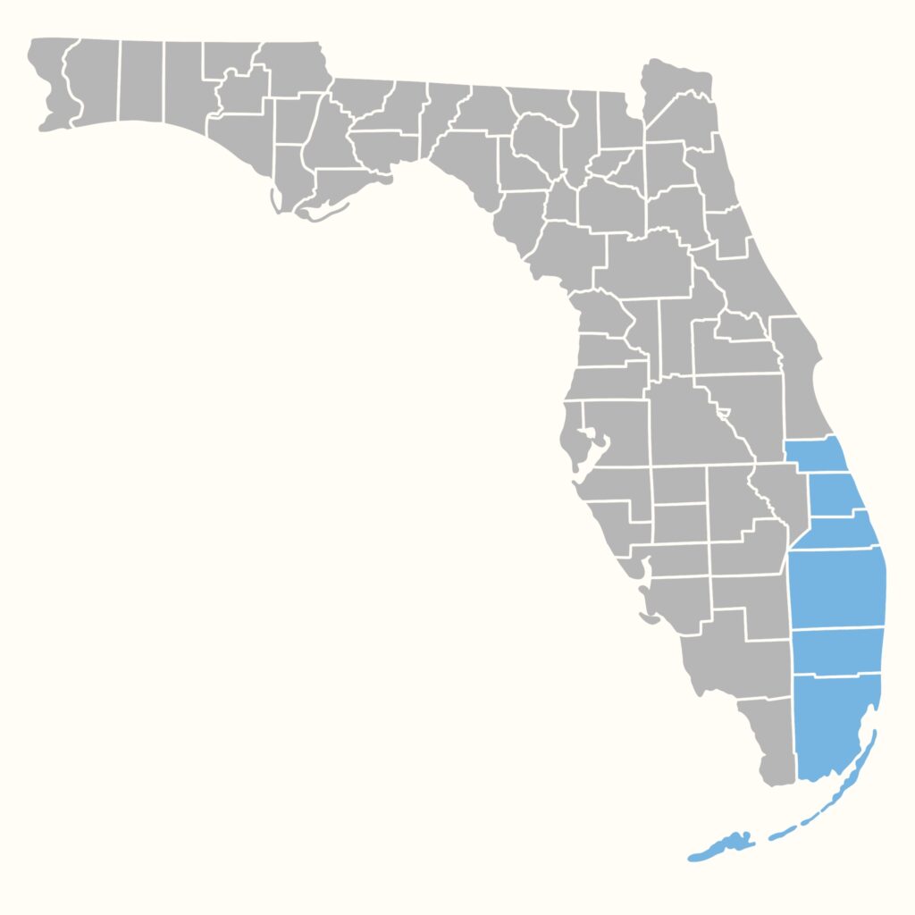 Highlighting the counties in the Southeast region. Specifically, Indian River, St. Lucie, Martin, Palm Beach, Broward, and Miami-Dade.