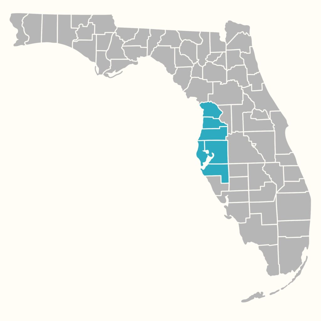 Highlighting the counties in the Southwest region. Specifically, Citrus, Hernando, Pasco, Pinellas, Hillsborough, and Manatee.